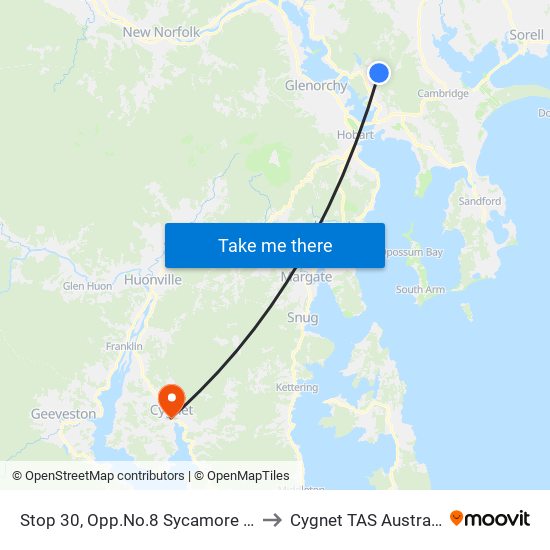 Stop 30, Opp.No.8 Sycamore Rd to Cygnet TAS Australia map