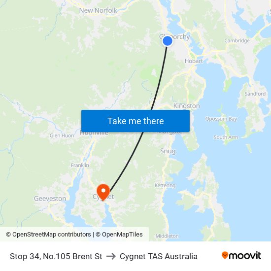 Stop 34, No.105 Brent St to Cygnet TAS Australia map