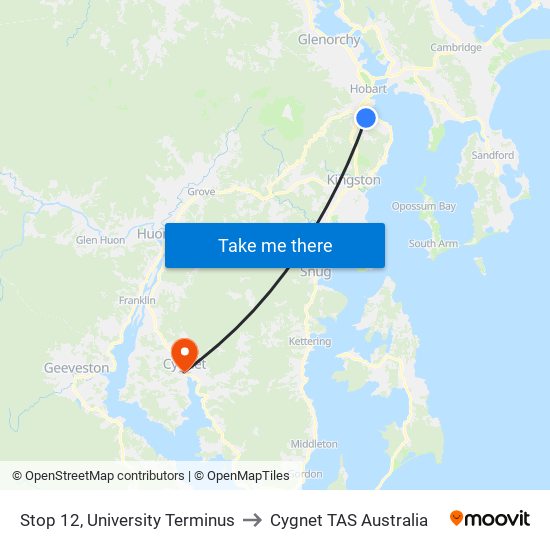 Stop 12, University Terminus to Cygnet TAS Australia map