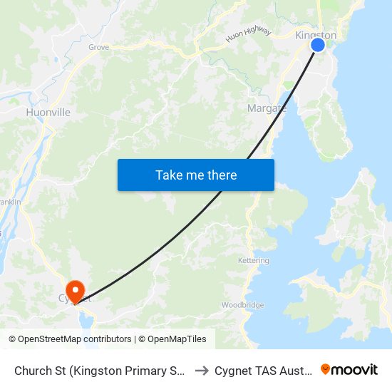 Church St (Kingston Primary School) to Cygnet TAS Australia map