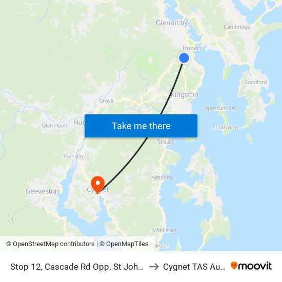 Stop 12, Cascade Rd Opp. St Johns Hospital to Cygnet TAS Australia map