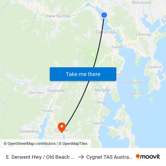 E. Derwent Hwy / Old Beach Rd to Cygnet TAS Australia map