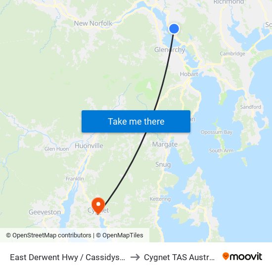 East Derwent Hwy / Cassidys Rd to Cygnet TAS Australia map
