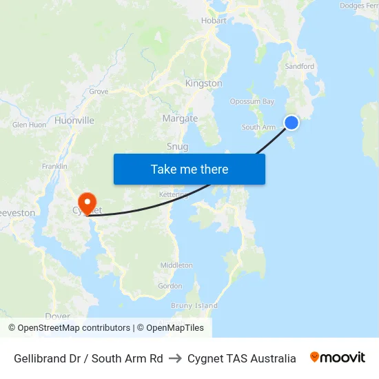 Gellibrand Dr / South Arm Rd to Cygnet TAS Australia map