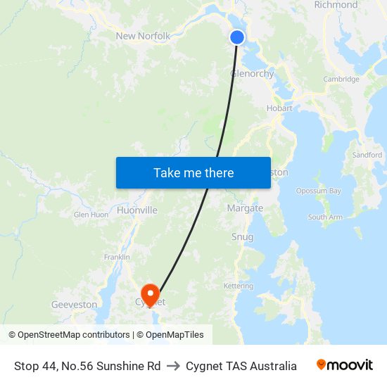 Stop 44, No.56 Sunshine Rd to Cygnet TAS Australia map