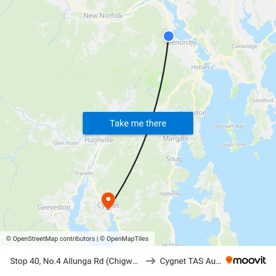 Stop 40, No.4 Allunga Rd (Chigwell Junction) to Cygnet TAS Australia map