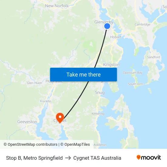 Stop B, Metro Springfield to Cygnet TAS Australia map
