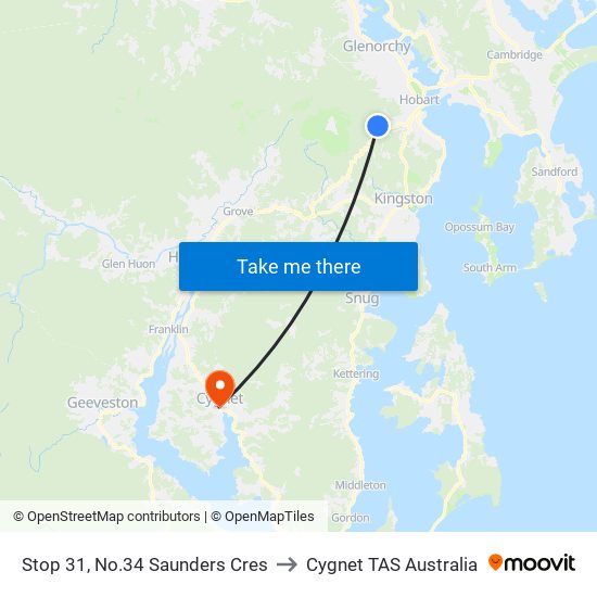 Stop 31, No.34 Saunders Cres to Cygnet TAS Australia map