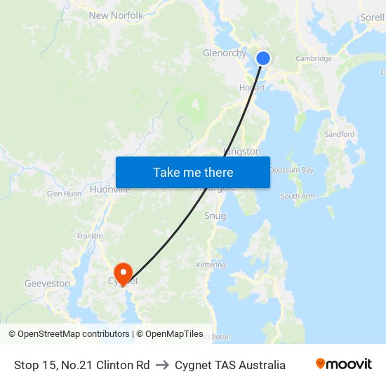 Stop 15, No.21 Clinton Rd to Cygnet TAS Australia map