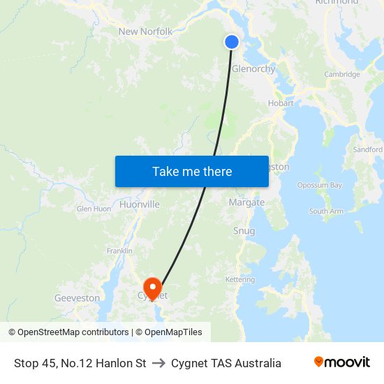 Stop 45, No.12 Hanlon St to Cygnet TAS Australia map