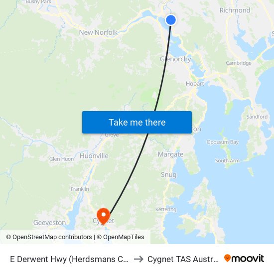 E Derwent Hwy (Herdsmans Cove) to Cygnet TAS Australia map