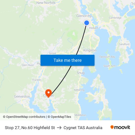 Stop 27, No.60 Highfield St to Cygnet TAS Australia map