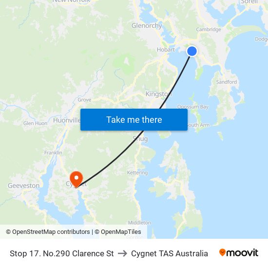 Stop 17. No.290 Clarence St to Cygnet TAS Australia map