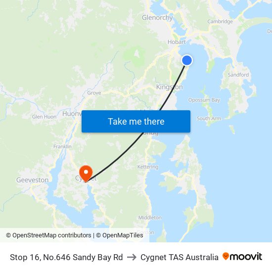 Stop 16, No.646 Sandy Bay Rd to Cygnet TAS Australia map