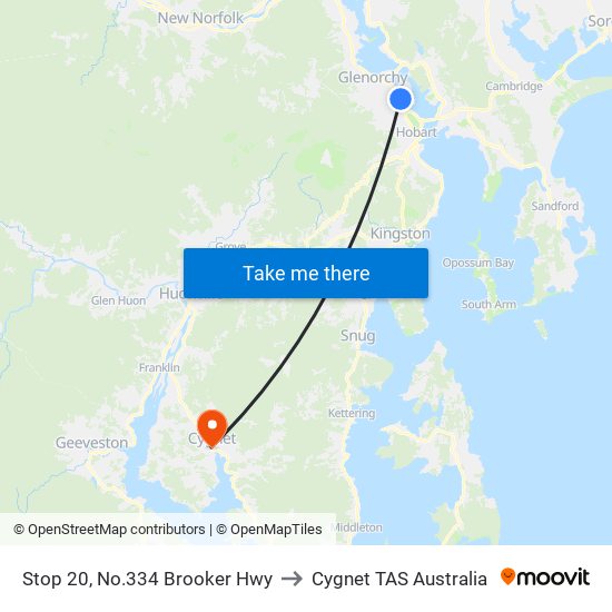 Stop 20, No.334 Brooker Hwy to Cygnet TAS Australia map