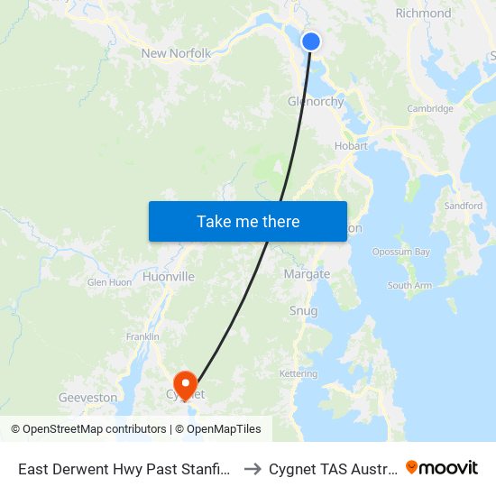 East Derwent Hwy Past Stanfield Dr to Cygnet TAS Australia map