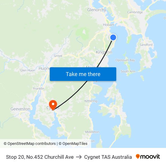 Stop 20, No.452 Churchill Ave to Cygnet TAS Australia map