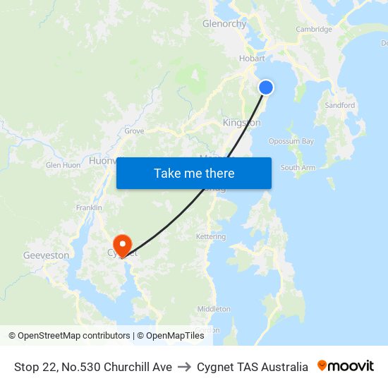 Stop 22, No.530 Churchill Ave to Cygnet TAS Australia map