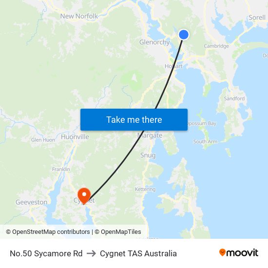 No.50 Sycamore Rd to Cygnet TAS Australia map