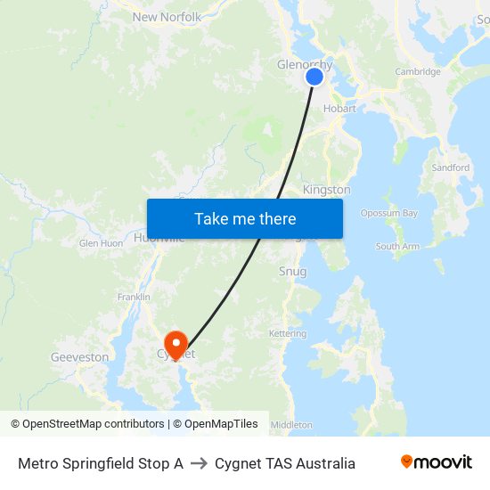 Metro Springfield Stop A to Cygnet TAS Australia map