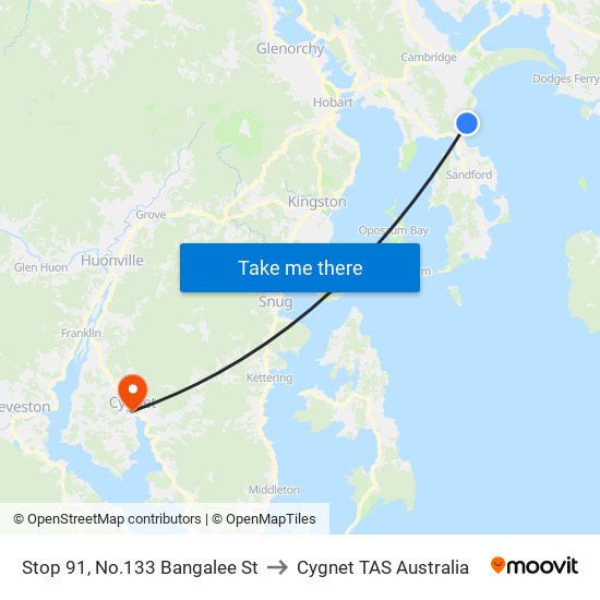 Stop 91, No.133 Bangalee St to Cygnet TAS Australia map