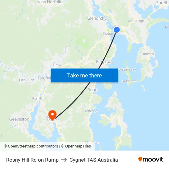 Rosny Hill Rd on Ramp to Cygnet TAS Australia map