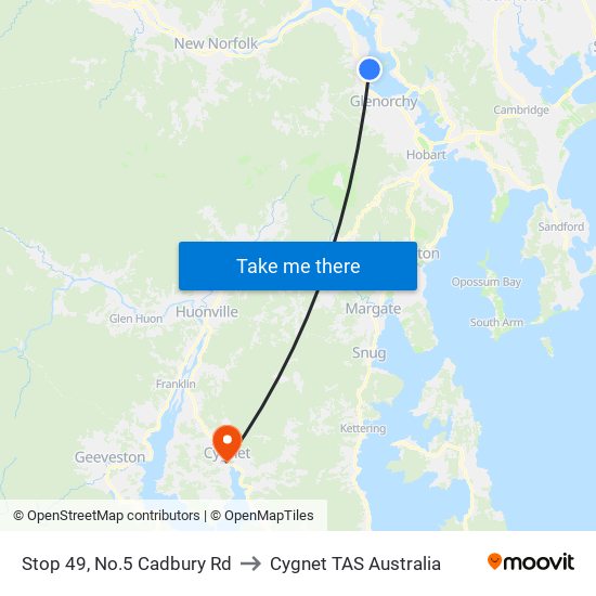 Stop 49, No.5 Cadbury Rd to Cygnet TAS Australia map