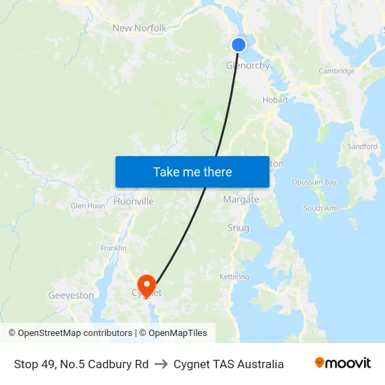 Stop 49, No.5 Cadbury Rd to Cygnet TAS Australia map