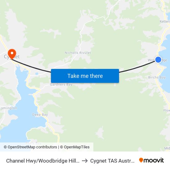 Channel Hwy/Woodbridge Hill Rd to Cygnet TAS Australia map