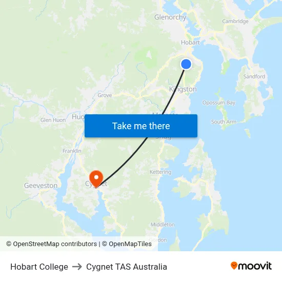Hobart College to Cygnet TAS Australia map