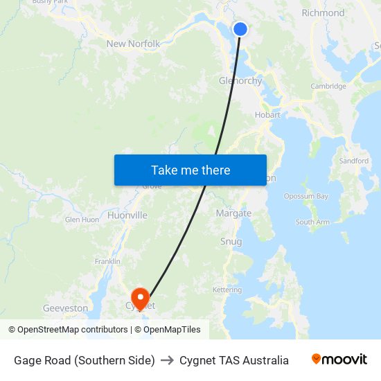 Gage Road (Southern Side) to Cygnet TAS Australia map