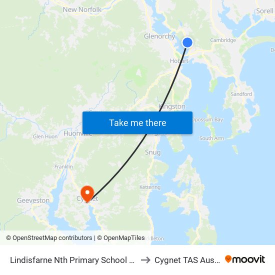 Lindisfarne Nth Primary School Grounds to Cygnet TAS Australia map