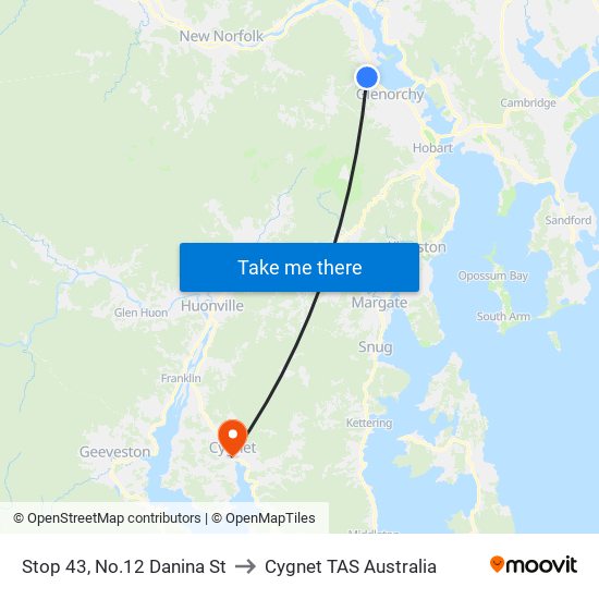 Stop 43, No.12 Danina St to Cygnet TAS Australia map