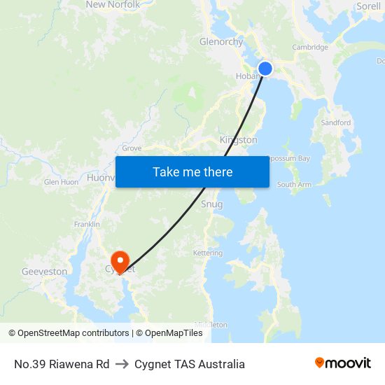 No.39 Riawena Rd to Cygnet TAS Australia map