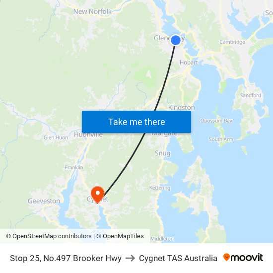 Stop 25, No.497 Brooker Hwy to Cygnet TAS Australia map