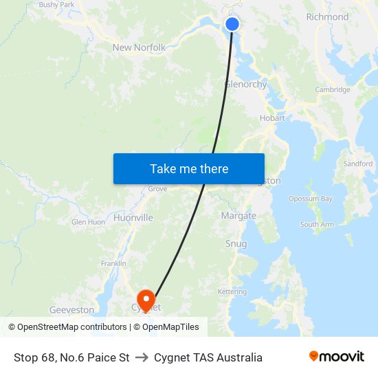 Stop 68, No.6 Paice St to Cygnet TAS Australia map