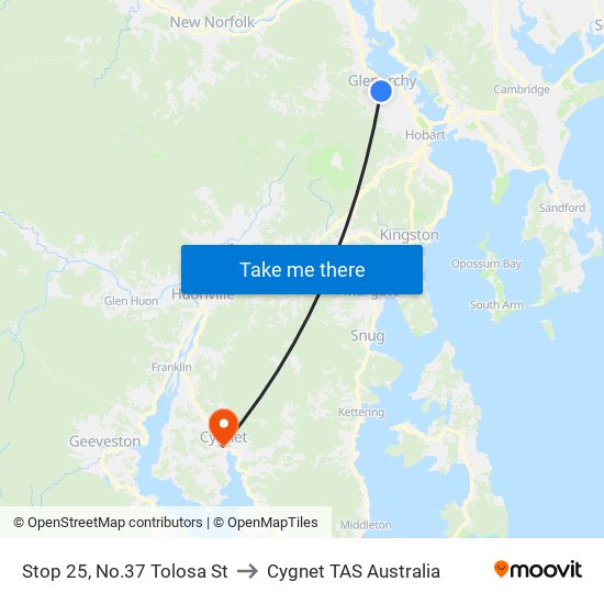 Stop 25, No.37 Tolosa St to Cygnet TAS Australia map