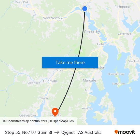 Stop 55, No.107 Gunn St to Cygnet TAS Australia map