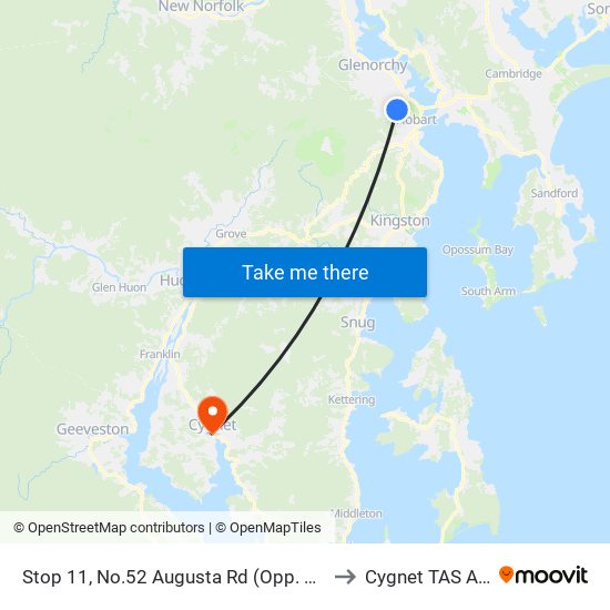 Stop 11, No.52 Augusta Rd (Opp. Calvary Hospital) to Cygnet TAS Australia map