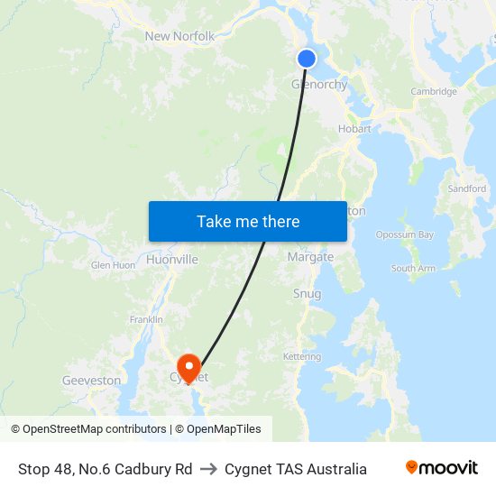 Stop 48, No.6 Cadbury Rd to Cygnet TAS Australia map