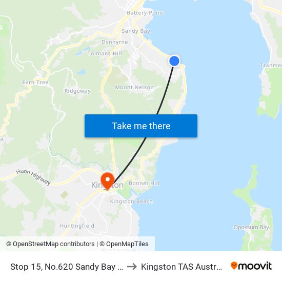 Stop 15, No.620 Sandy Bay Rd to Kingston TAS Australia map