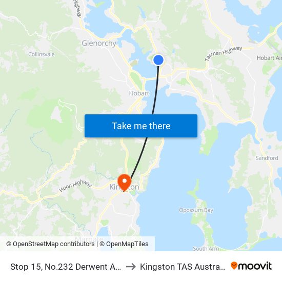 Stop 15, No.232 Derwent Ave to Kingston TAS Australia map