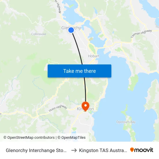 Glenorchy Interchange Stop D to Kingston TAS Australia map