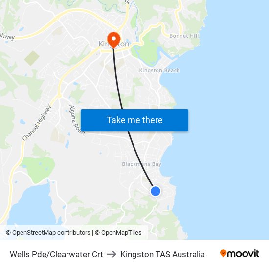 Wells Pde/Clearwater Crt to Kingston TAS Australia map