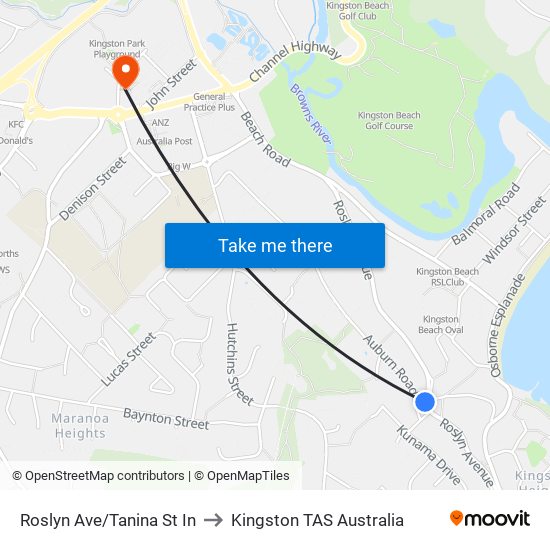 Roslyn Ave/Tanina St In to Kingston TAS Australia map
