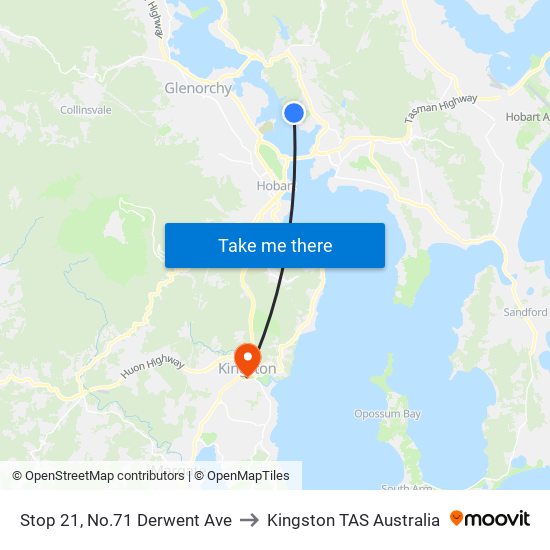 Stop 21, No.71 Derwent Ave to Kingston TAS Australia map