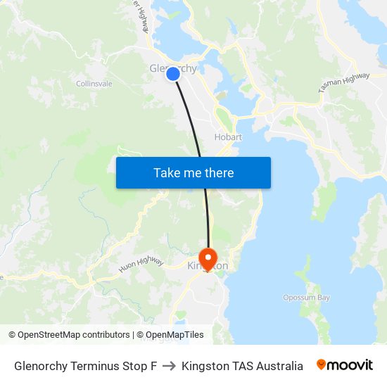 Glenorchy Terminus Stop F to Kingston TAS Australia map