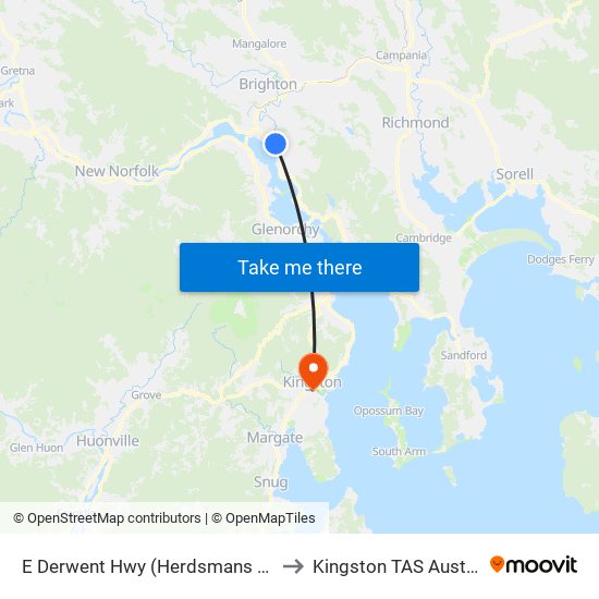 E Derwent Hwy (Herdsmans Cove) to Kingston TAS Australia map