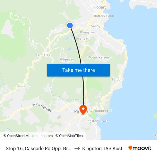 Stop 16, Cascade Rd Opp. Brewery to Kingston TAS Australia map