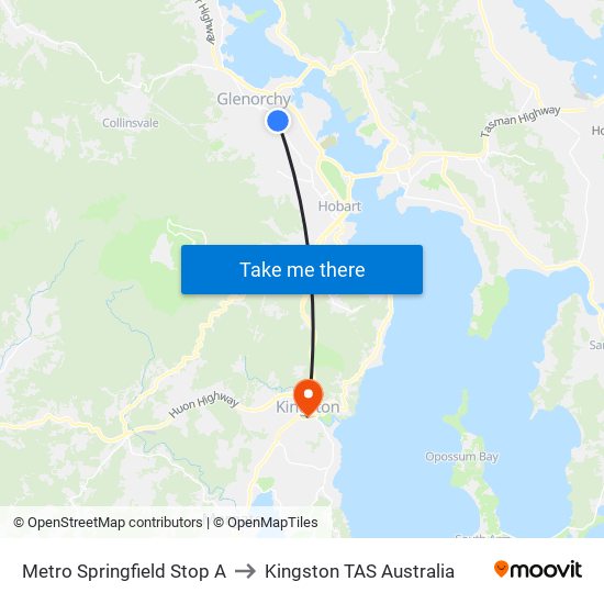 Metro Springfield Stop A to Kingston TAS Australia map